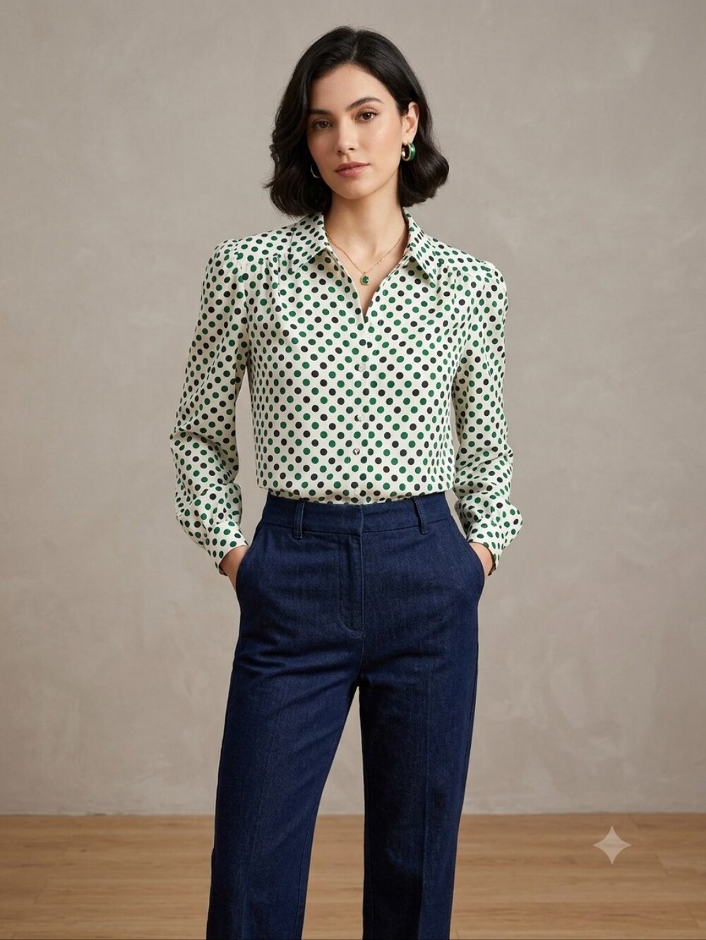 Vtg 80's Devon Polka Dot Blouse Green/Black/Cream Long Sleeve Button Down Sz 18